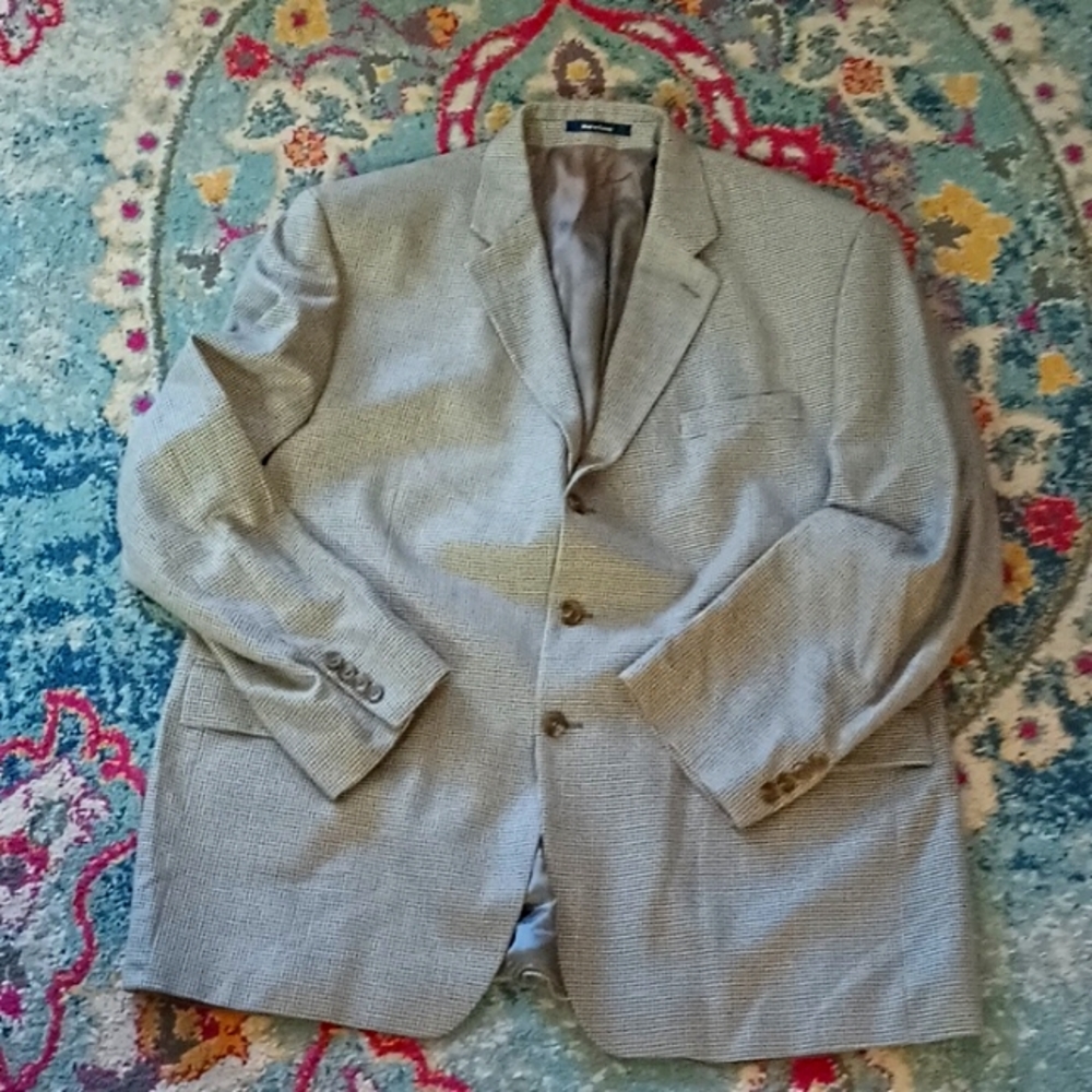 Chaps Ralph Lauren Men Gray Tan Houndstooth Wool Silk Blazer Made in Canada 48R
